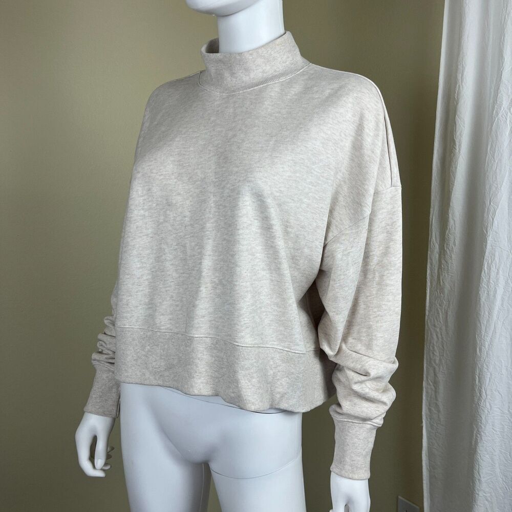 MONKI Women Size S Oatmeal Cotton Mock Neck Boxy Sweatshirt Minimalist Casual - Picture 8 of 13